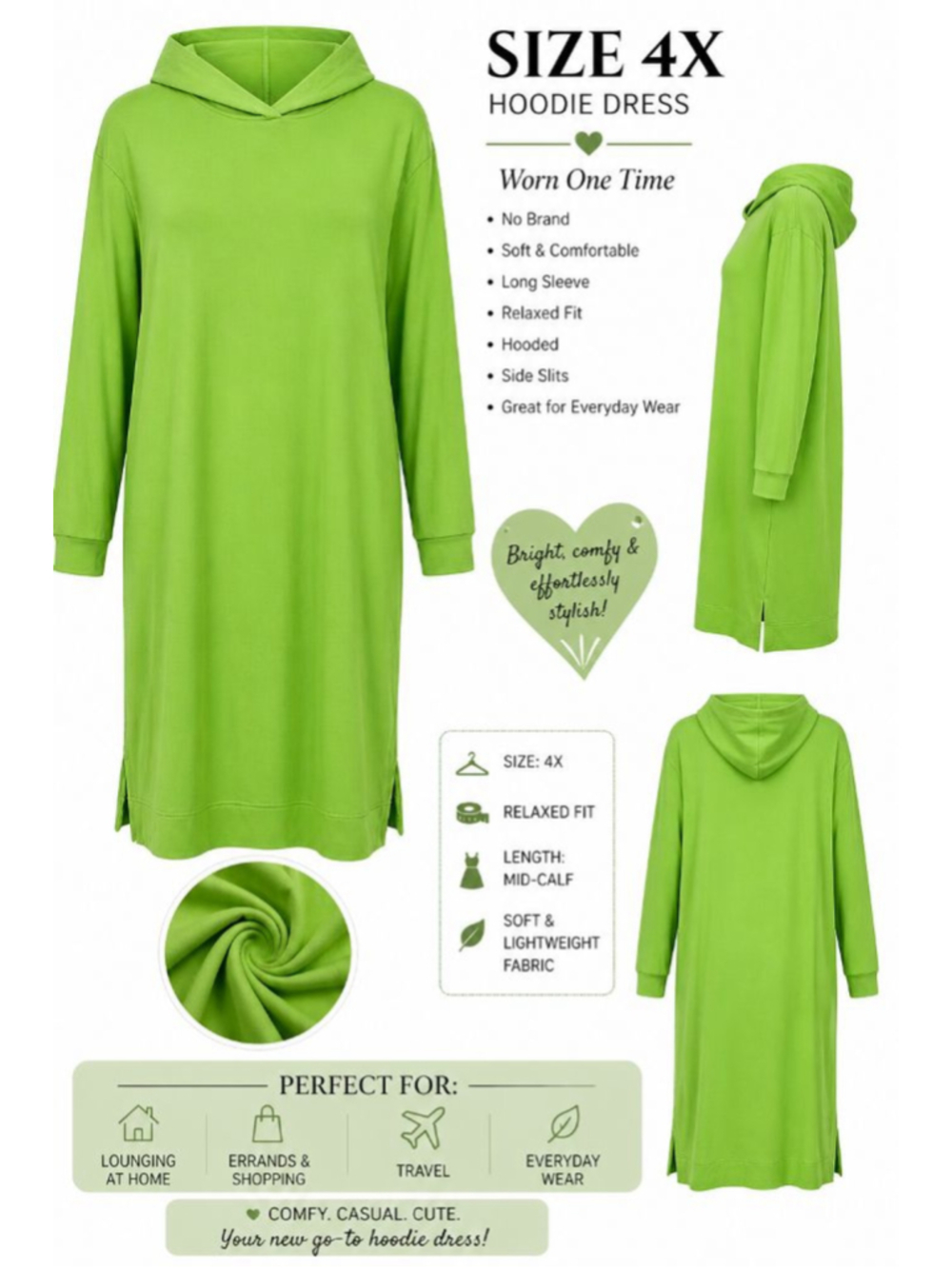 Lime Green Hoodie Dress Long Sleeve Relaxed Fit Side Slits Size 4X